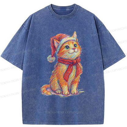 Tokyo-Tiger Lovely Christmas Cat Washed T-Shirt