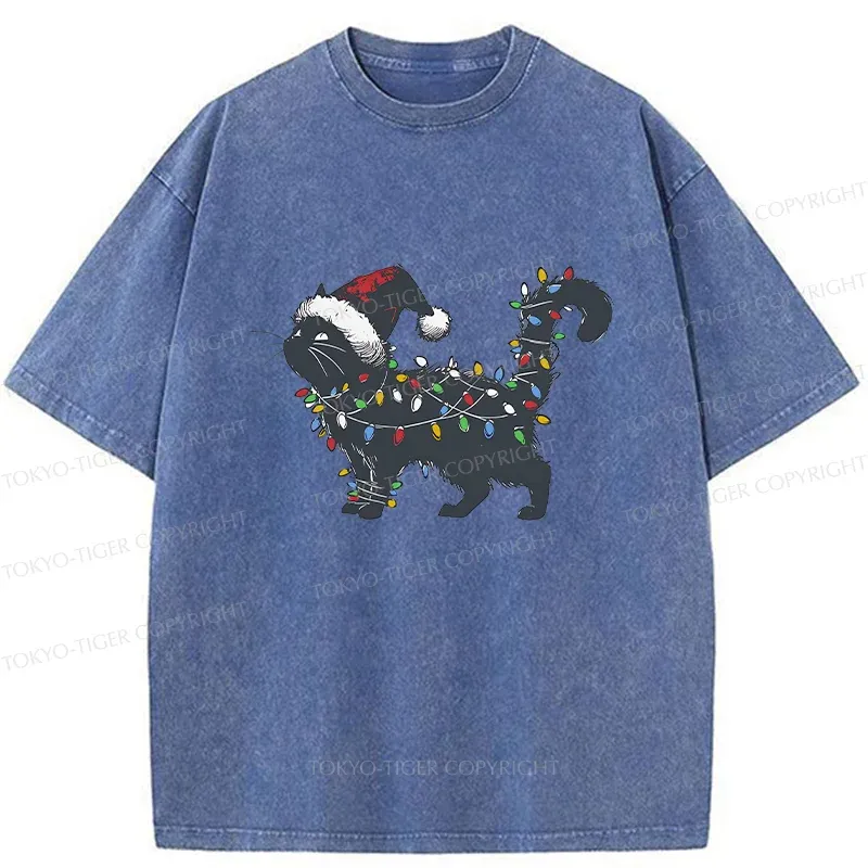 Tokyo-Tiger Cat Entangled In Christmas Lights Washed T-Shirt