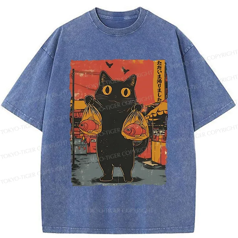 Tokyo-Tiger Cat Fishing Washed T-Shirt