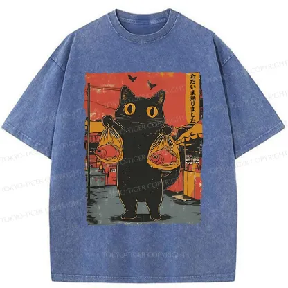Tokyo-Tiger Cat Fishing Washed T-Shirt