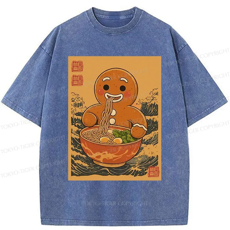 Tokyo-Tiger Gingerbread Man Eating Ramen Washed T-Shirt