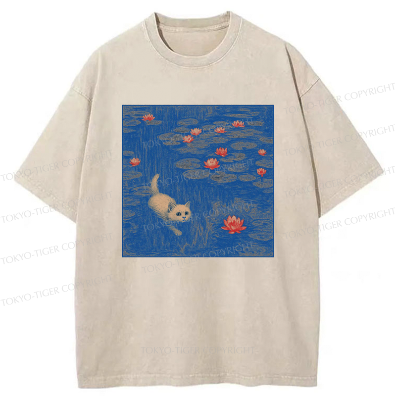 Tokyo-Tiger The Kitten Sneaking Into The Water Lilies Washed T-Shirt