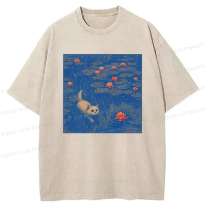 Tokyo-Tiger The Kitten Sneaking Into The Water Lilies Washed T-Shirt