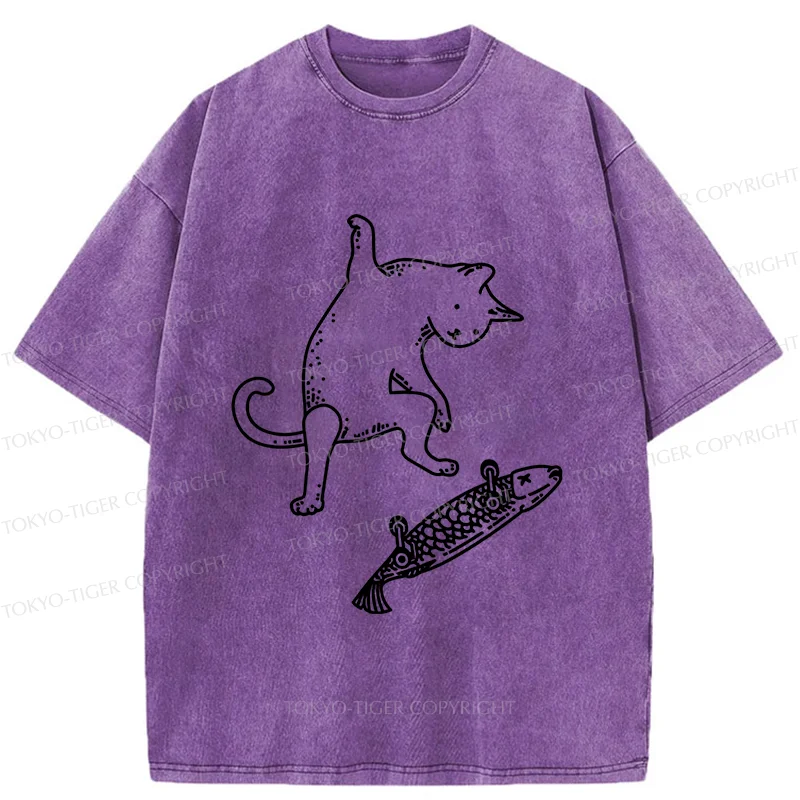 Tokyo-Tiger Cat Skateboarding Washed T-Shirt