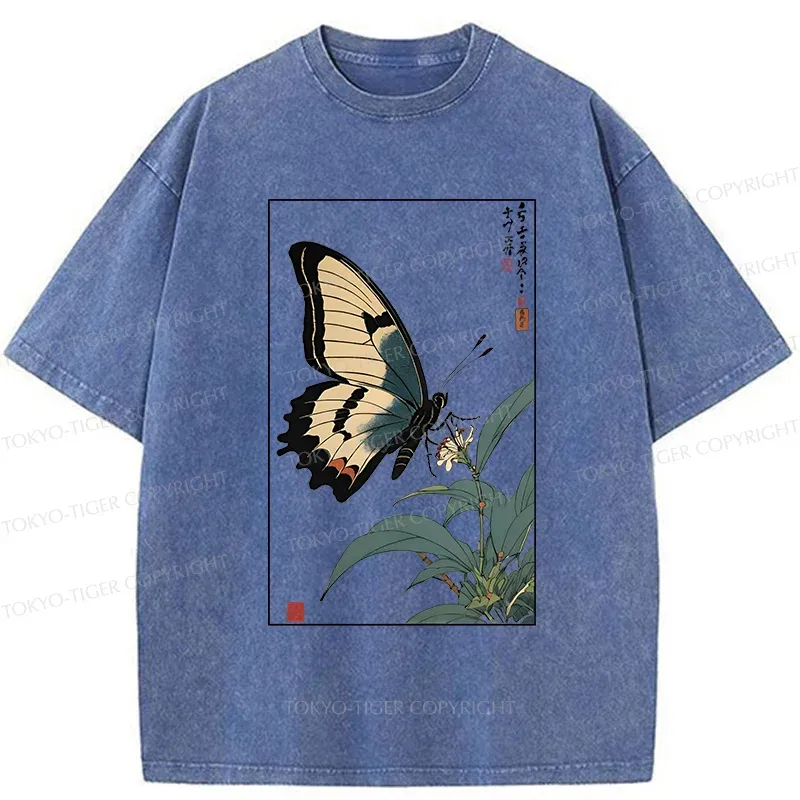 Tokyo-Tiger Ukiyo-e Butterfly Washed T-Shirt Sale