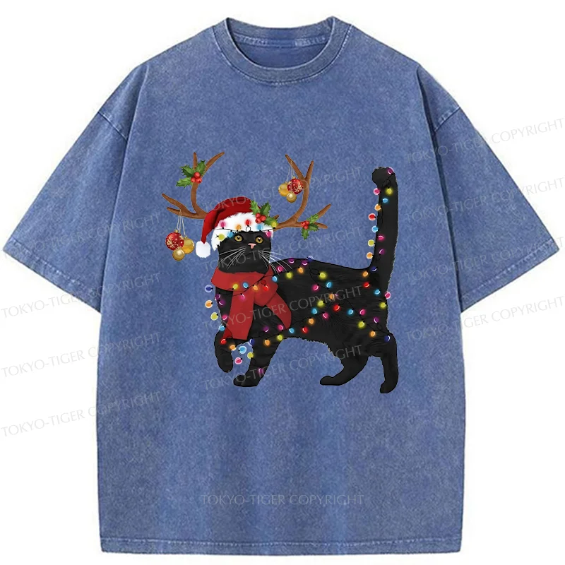 Tokyo-Tiger Christmas Black Cat Washed T-Shirt