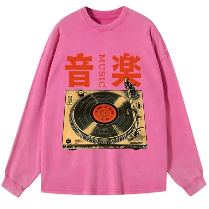 Tokyo-Tiger Retro Music Record Player Washed Long Sleeve T-Shirt