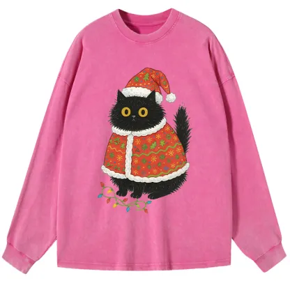 Tokyo-Tiger Cat Wearing Santa Hat Washed Long Sleeve T-Shirt