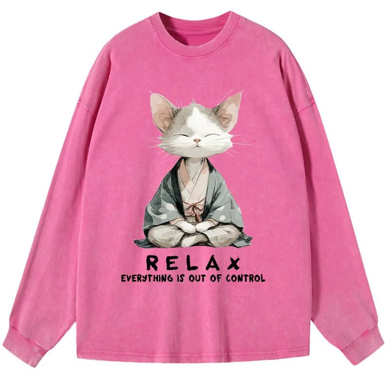 Tokyo-Tiger Zen Cat Relaxation，Everything's Out Of Control Washed Long Sleeve T-Shirt