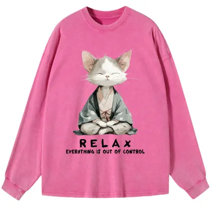 Tokyo-Tiger Zen Cat Relaxation，Everything's Out Of Control Washed Long Sleeve T-Shirt