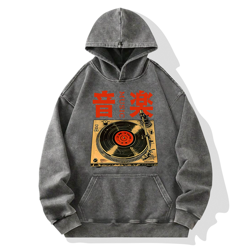 Tokyo-Tiger Retro Music Record Player Washed Hoodie