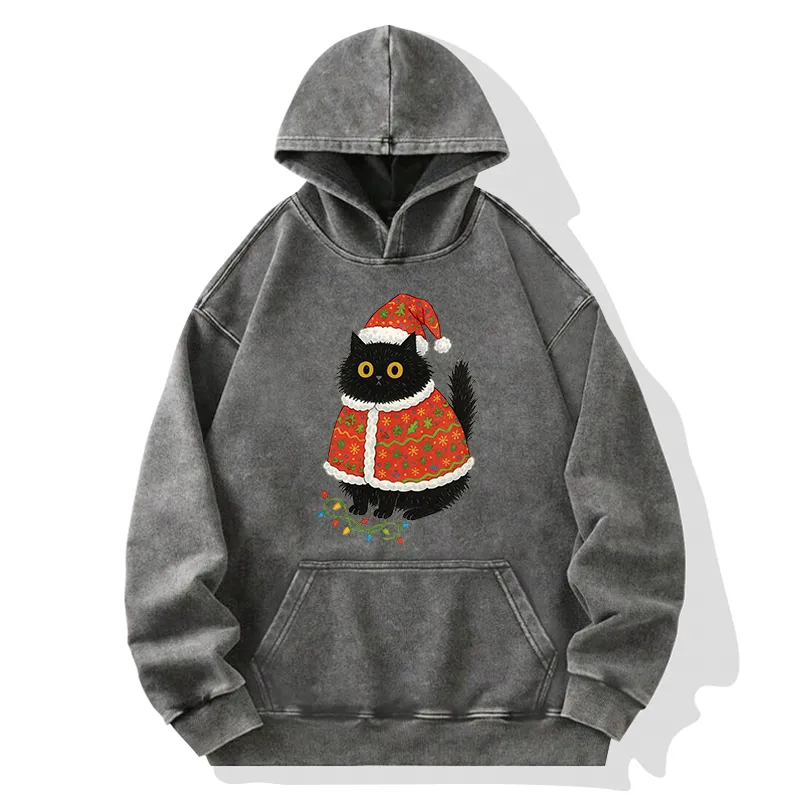 Tokyo-Tiger Cat Wearing Santa Hat Washed Hoodie