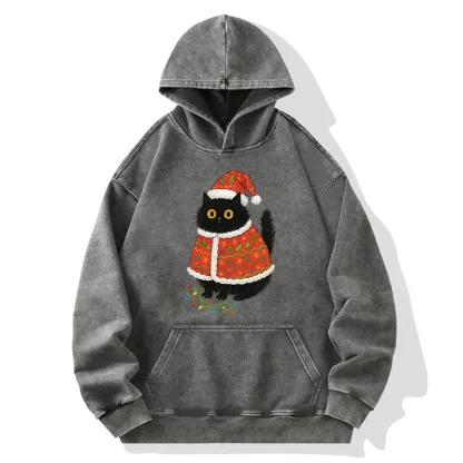 Tokyo-Tiger Cat Wearing Santa Hat Washed Hoodie