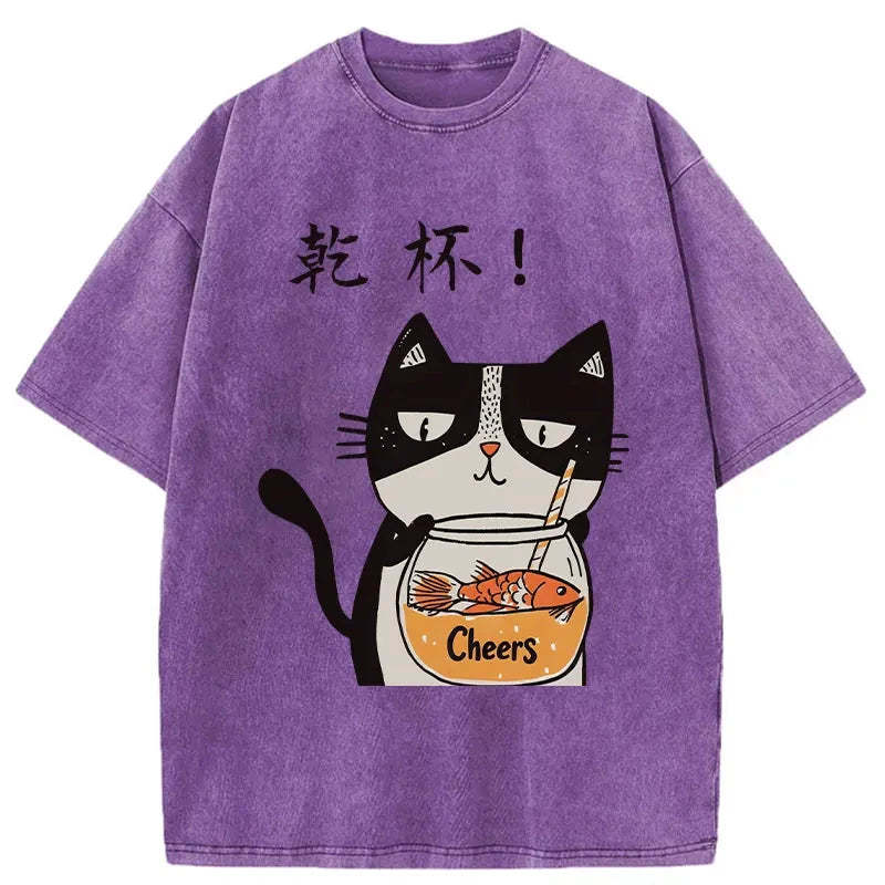 Tokyo-Tiger Cat Cheers Washed T-Shirt