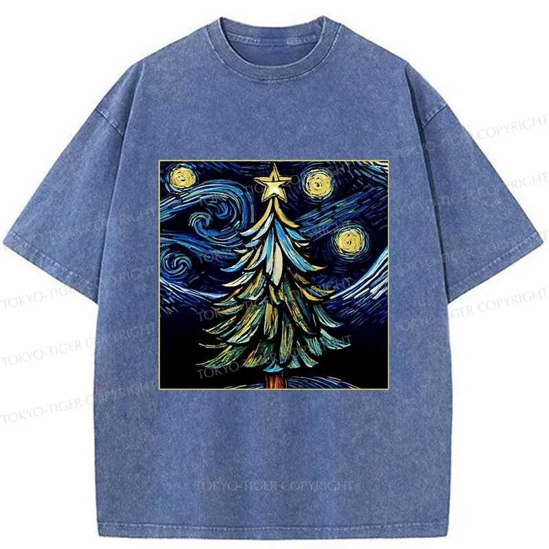 Tokyo-Tiger Christmas Tree Under The Starry Night Washed T-Shirt
