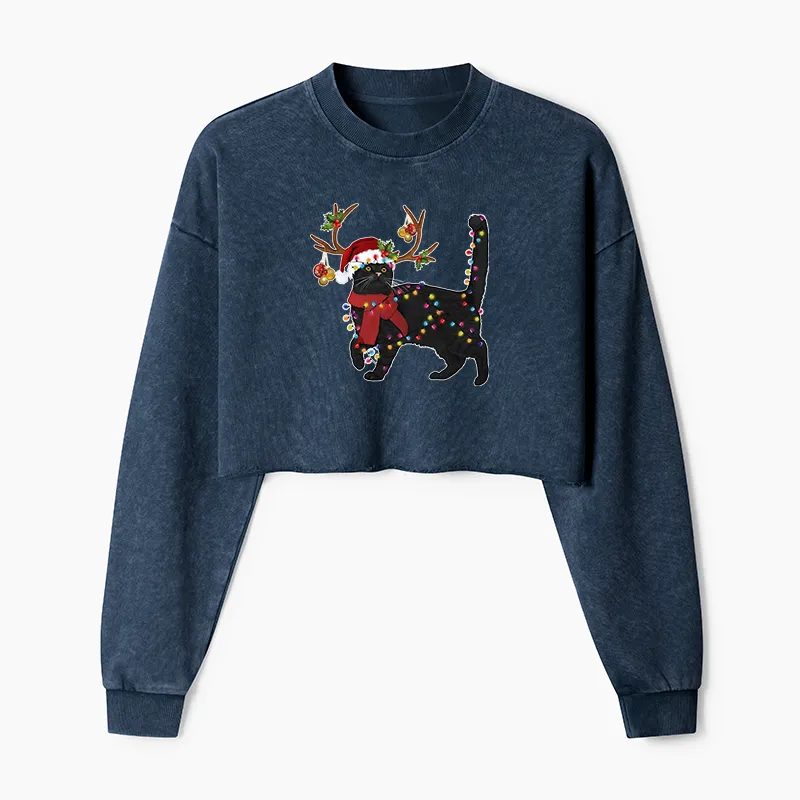 Tokyo-Tiger Christmas Black Cat Washed Crop Sweatshirt