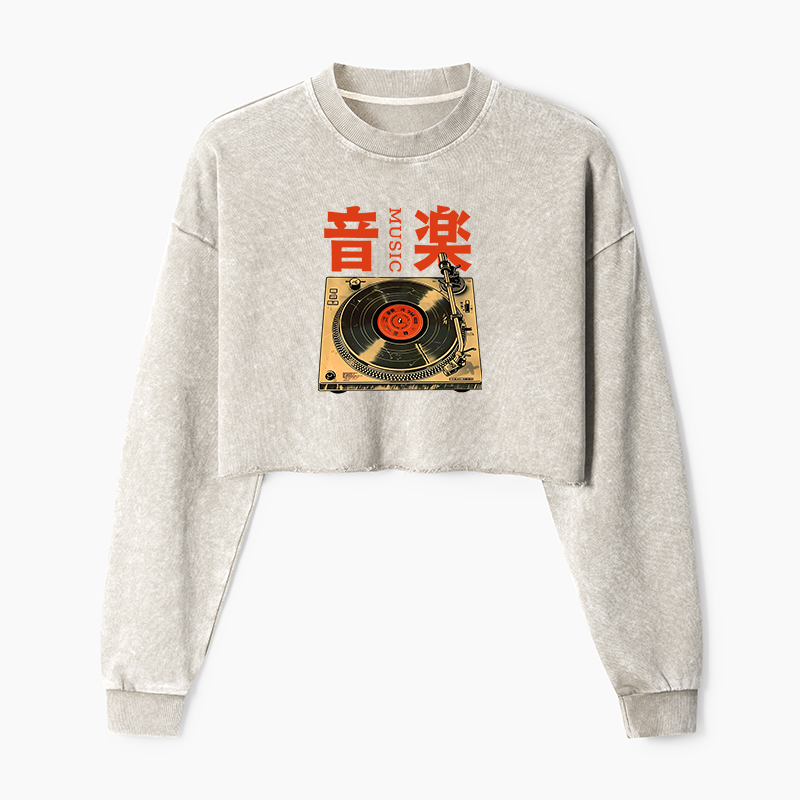 Tokyo-Tiger Retro Music Record Player Washed Crop Sweatshirt