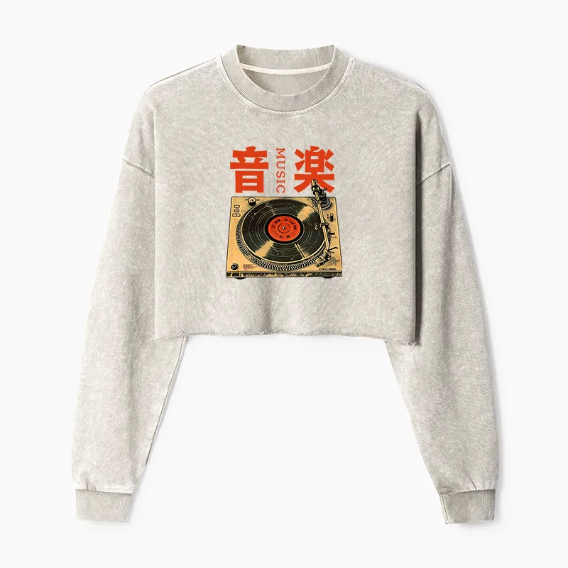 Tokyo-Tiger Retro Music Record Player Washed Crop Sweatshirt