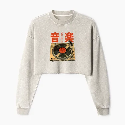 Tokyo-Tiger Retro Music Record Player Washed Crop Sweatshirt
