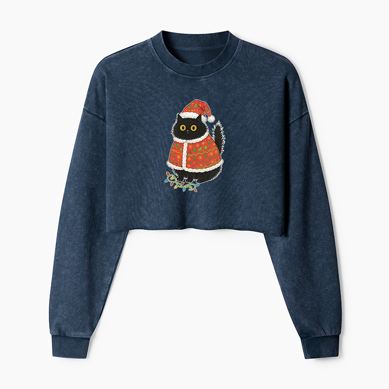 Tokyo-Tiger Cat Wearing Santa Hat Washed Crop Sweatshirt