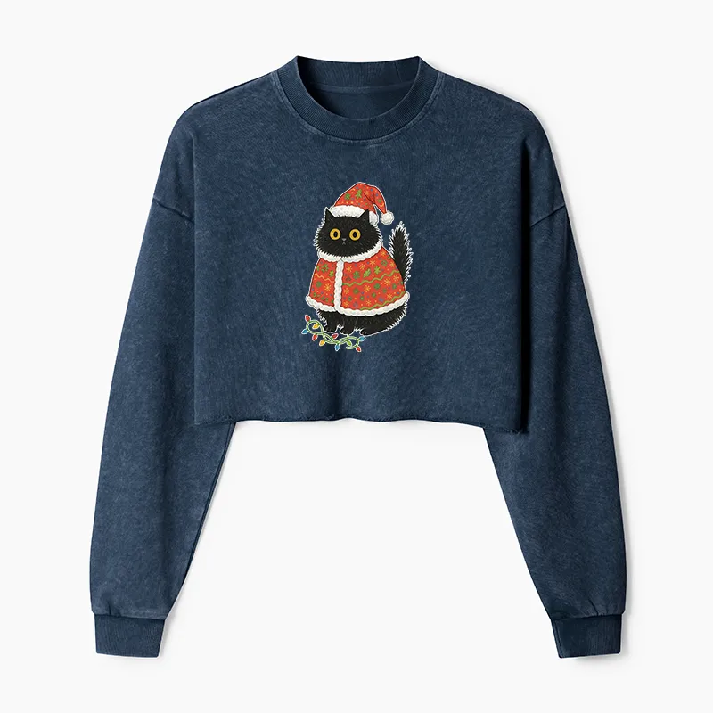 Tokyo-Tiger Cat Wearing Santa Hat Washed Crop Sweatshirt