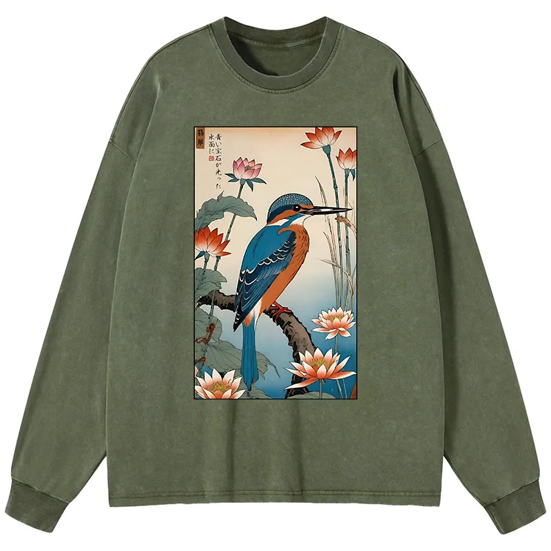 Tokyo-Tiger Ukiyo-e Kingfisher Washed Long Sleeve T-Shirt