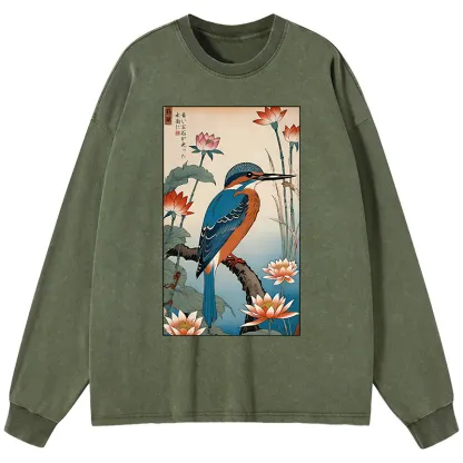 Tokyo-Tiger Ukiyo-e Kingfisher Washed Long Sleeve T-Shirt