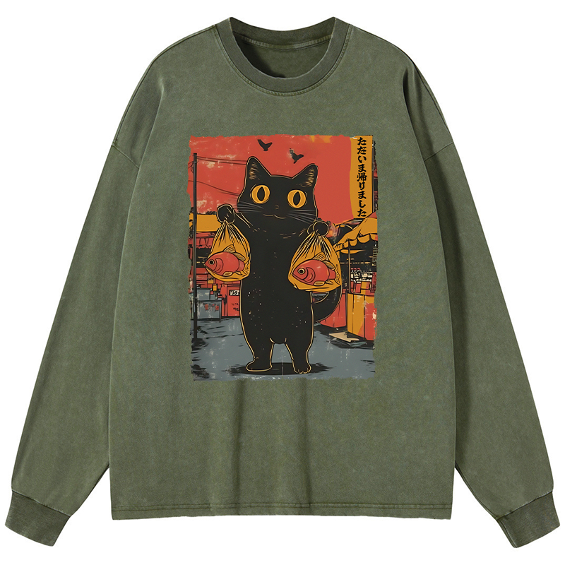 Tokyo-Tiger Cat Fishing Japanese Washed Long Sleeve T-Shirt