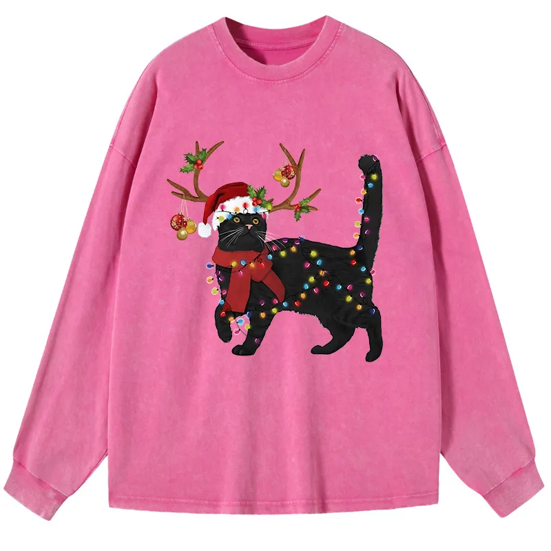 Tokyo-Tiger Christmas Black Cat Washed Long Sleeve T-Shirt