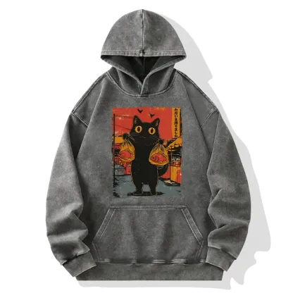 Tokyo-Tiger Cat Fishing Japanese Washed Hoodie