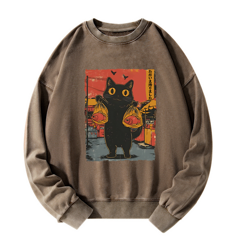 Tokyo-Tiger Cat Fishing Japanese Washed Sweatshirt