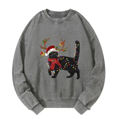 Tokyo-Tiger Christmas Black Cat Washed Sweatshirt