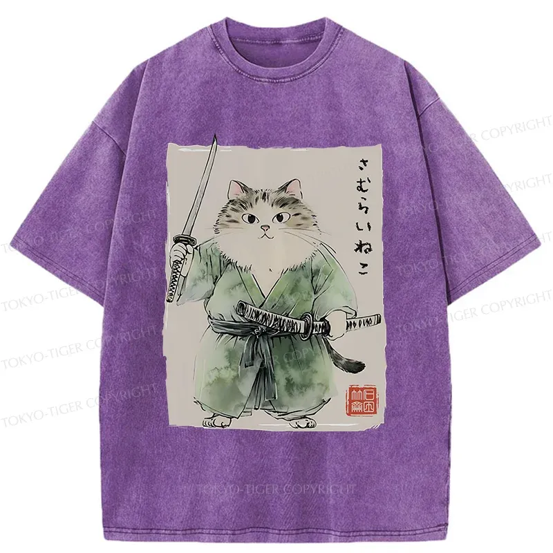 Tokyo-Tiger Fat Cat Samurai Washed T-Shirt