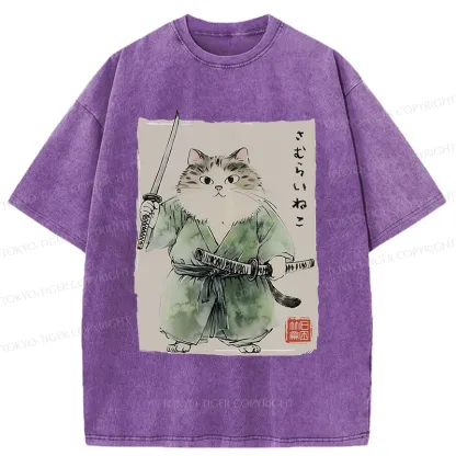 Tokyo-Tiger Fat Cat Samurai Washed T-Shirt