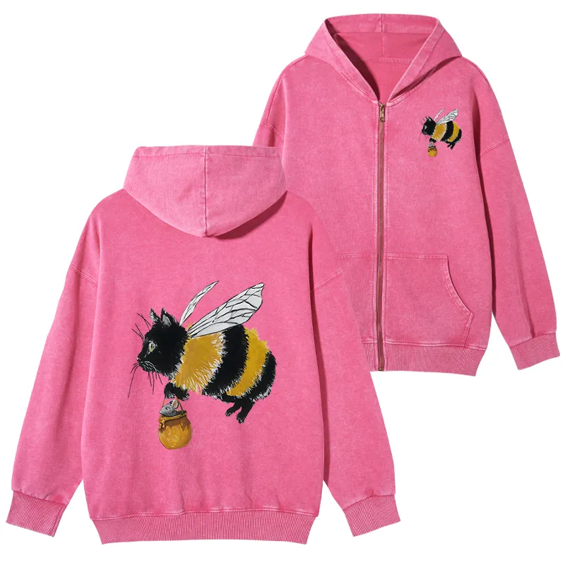 Tokyo-Tiger  Catbee Funny Washed Zip Hoodie