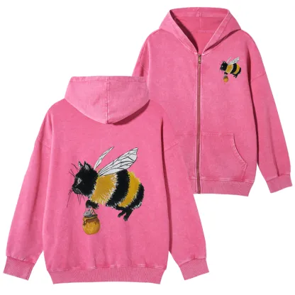 Tokyo-Tiger  Catbee Funny Washed Zip Hoodie