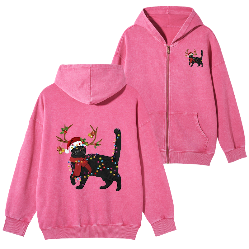 Tokyo-Tiger Christmas Black Cat Washed Zip Hoodie