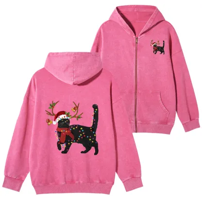 Tokyo-Tiger Christmas Black Cat Washed Zip Hoodie