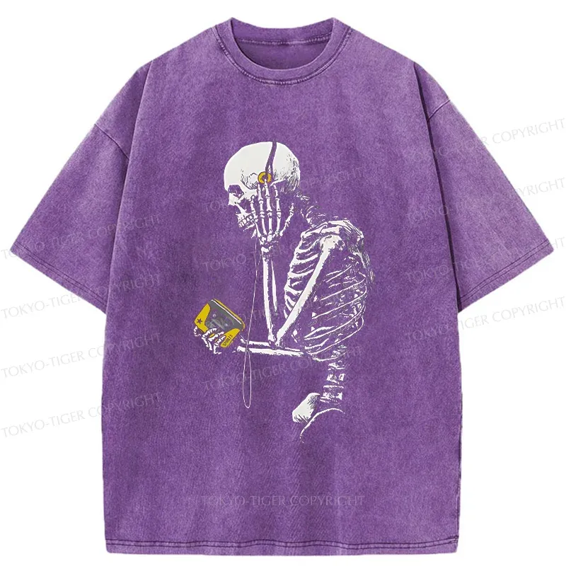 Tokyo-Tiger Skeleton Listening To Music Washed T-Shirt