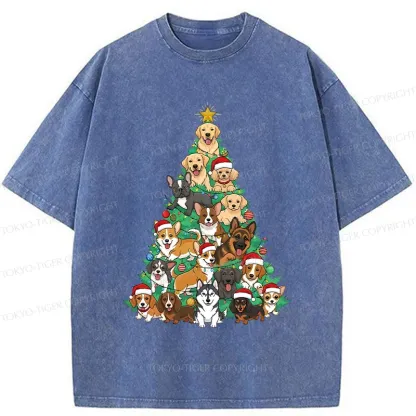 Tokyo-Tiger Christmas Tree Dog Funny Washed T-Shirt