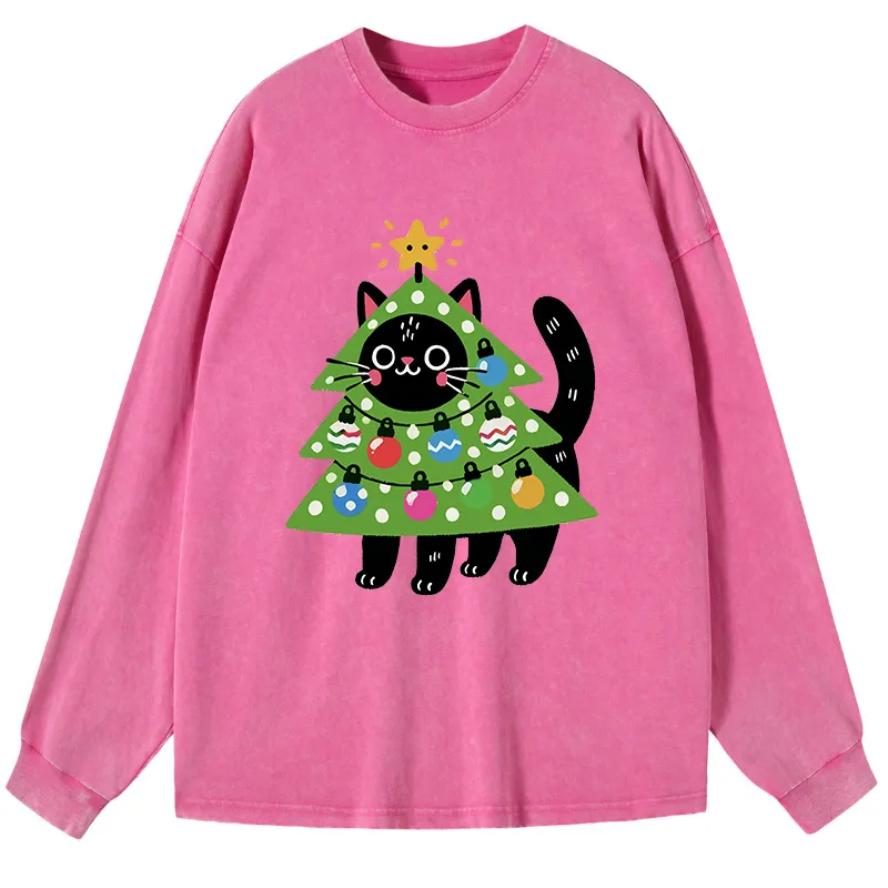 Tokyo-Tiger Christmas Tree Cat Washed Long Sleeve T-Shirt