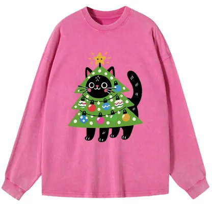 Tokyo-Tiger Christmas Tree Cat Washed Long Sleeve T-Shirt