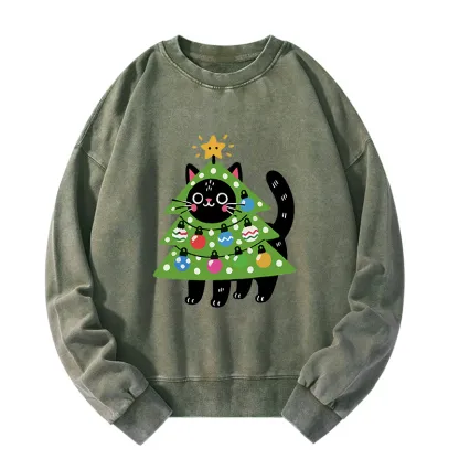 Tokyo-Tiger Christmas Tree Cat Washed Sweatshirt
