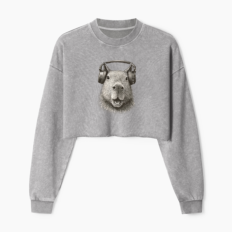 Tokyo-Tiger Capybara Listening To Music Washed Crop Sweatshirt