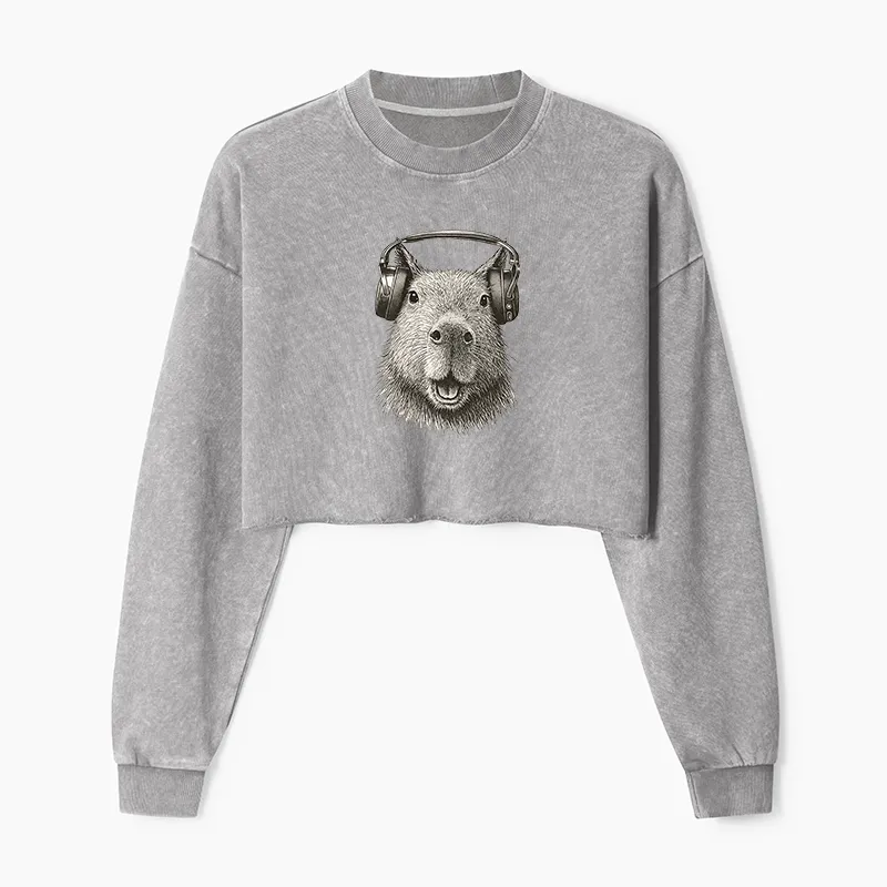 Tokyo-Tiger Capybara Listening To Music Washed Crop Sweatshirt