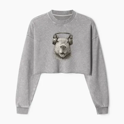 Tokyo-Tiger Capybara Listening To Music Washed Crop Sweatshirt