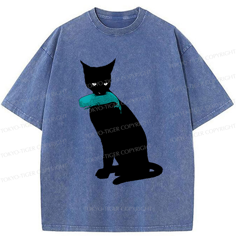 Tokyo-Tiger Cat Eats Whale Washed T-Shirt