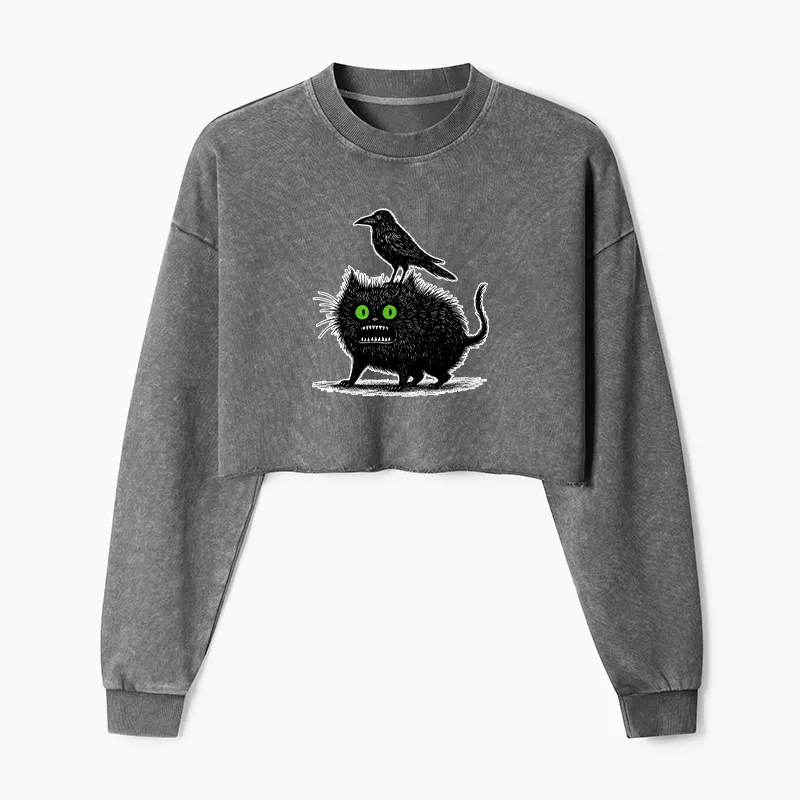 Tokyo-Tiger Crow And Black Cat Washed Crop Sweatshirt