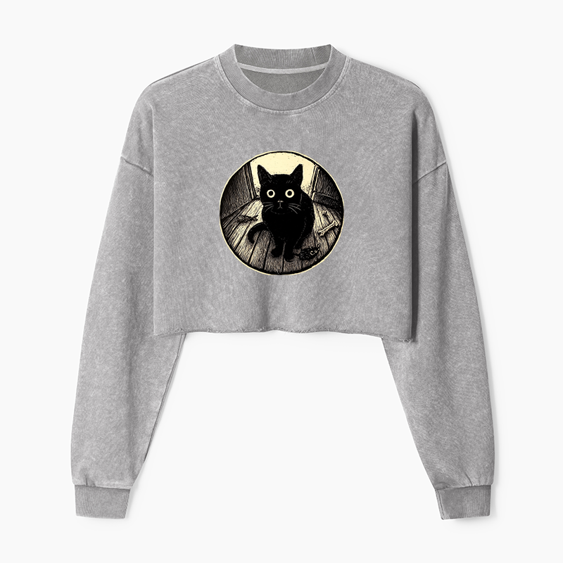 Tokyo-Tiger Waiting Black Cat Washed Crop Sweatshirt