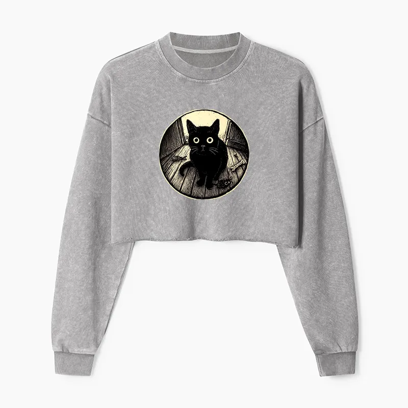 Tokyo-Tiger Waiting Black Cat Washed Crop Sweatshirt